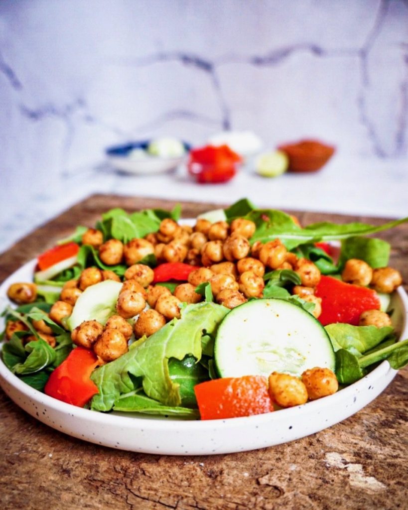 a salad with crispy baked chickpeas 