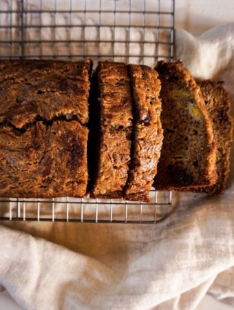 close up banana bread on cooling rack