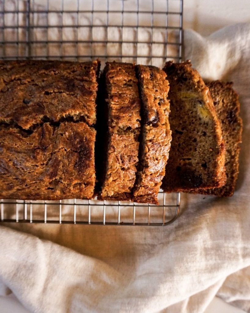 close up banana bread on cooling rack