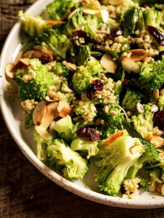 close up of plate of brocolli salad