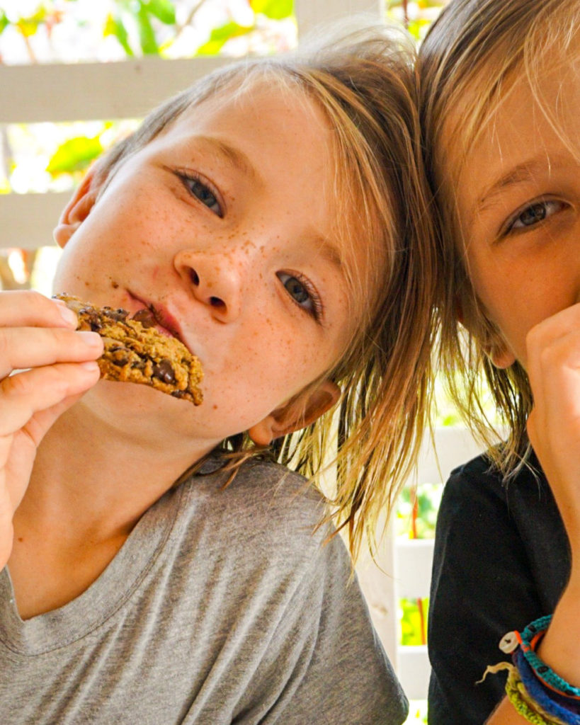 close up boys eating cookies