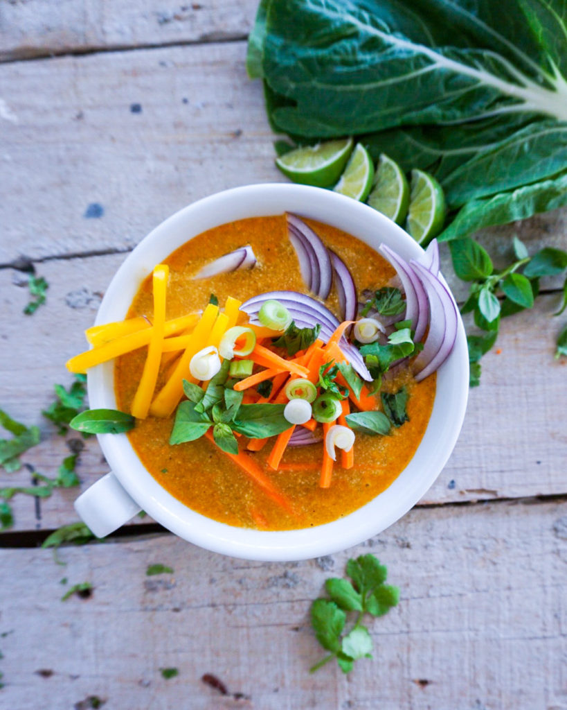 coconut curry soup with toppings; the perfect family weekday meal