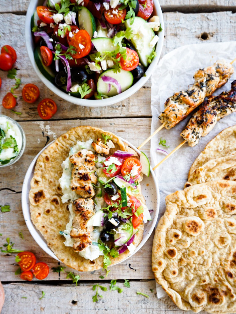 chicken gyros with marinated tomato salad