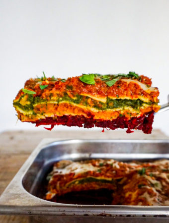 slice of lasagna scooped up