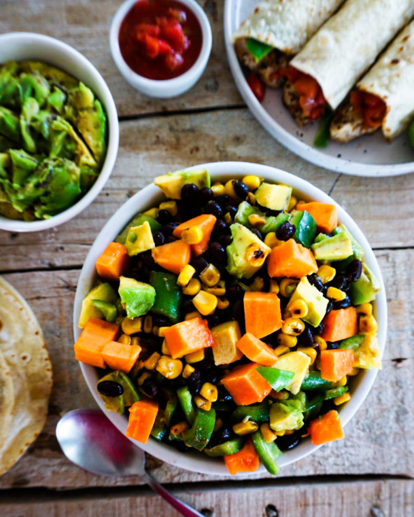 Papaya black bean salad, tortillas, guacamole and tacos.