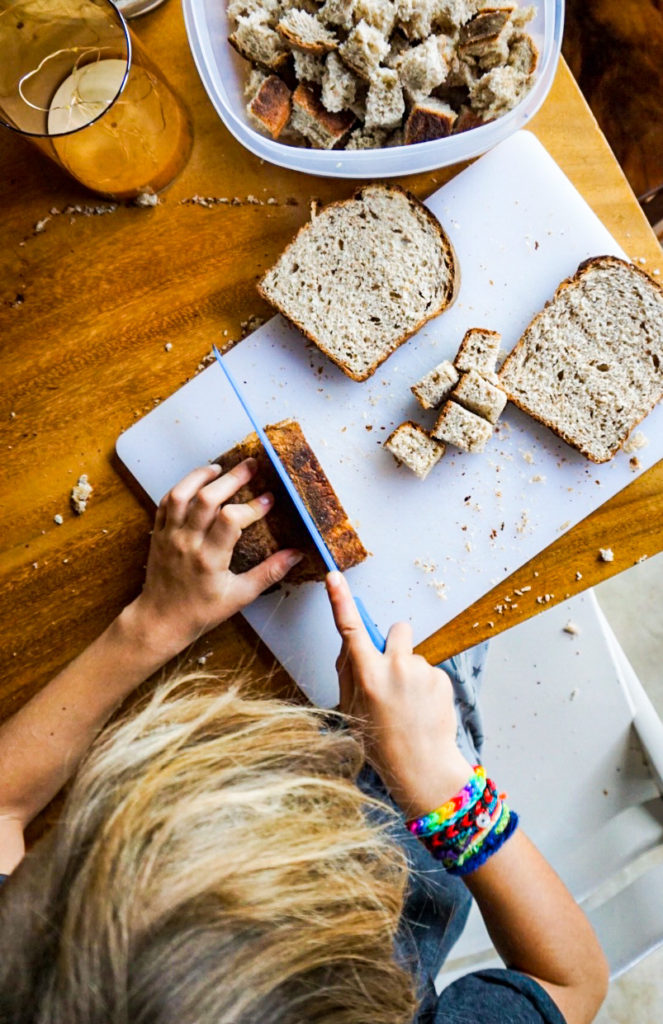 Jack cutting up bread for the stuffing