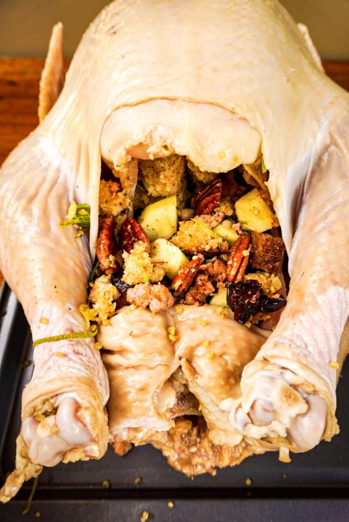 Turkey stuffed and ready to go into the oven