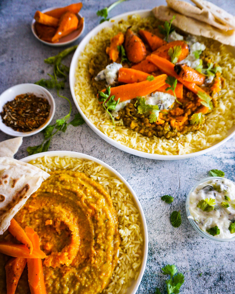 In the front: smoothly pureed dal for my little one and the regular plate with all the toppings in the back