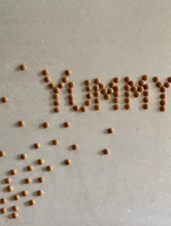 'Yummy' spelled out of pepernoten aka gingerbread marble cookies