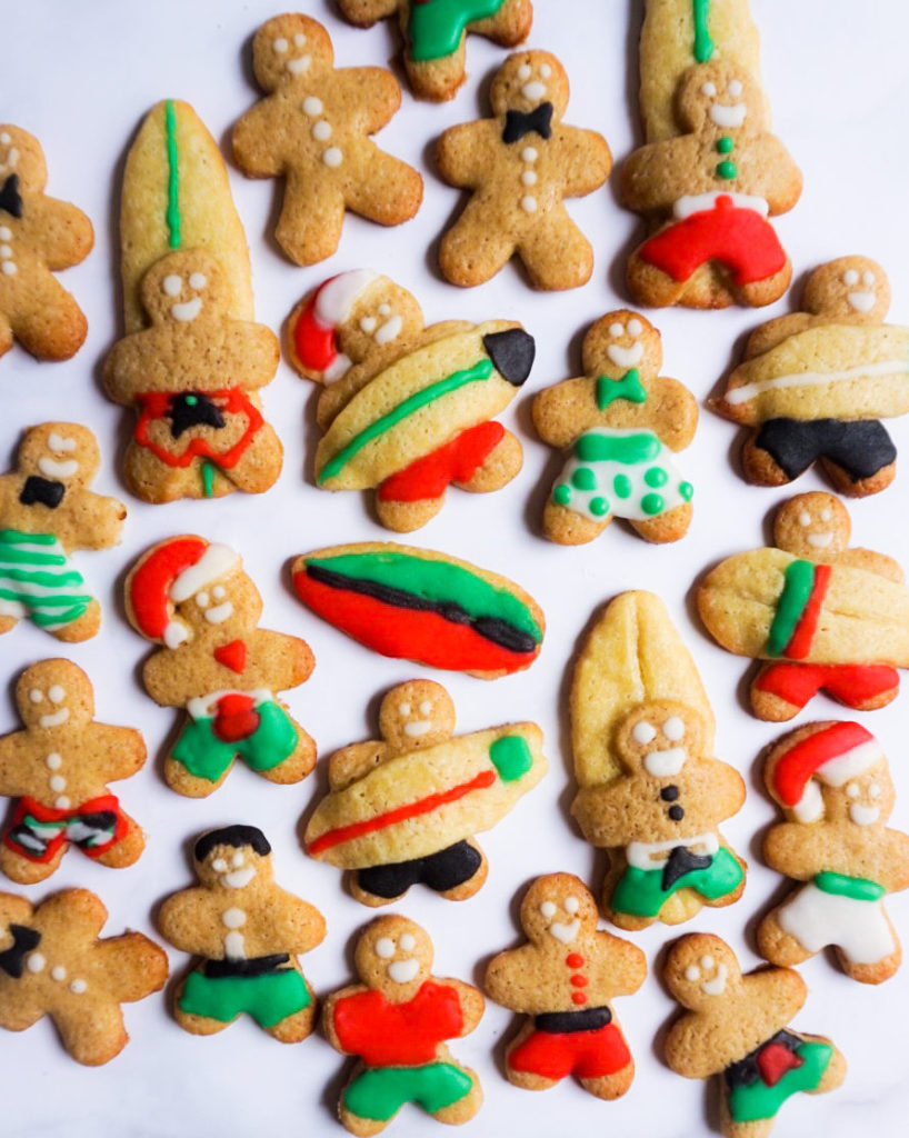 Surfing gingerbread man cookies close up