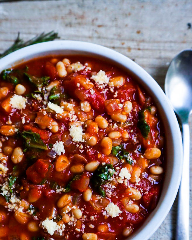 rosemary white bean tomato stew close up