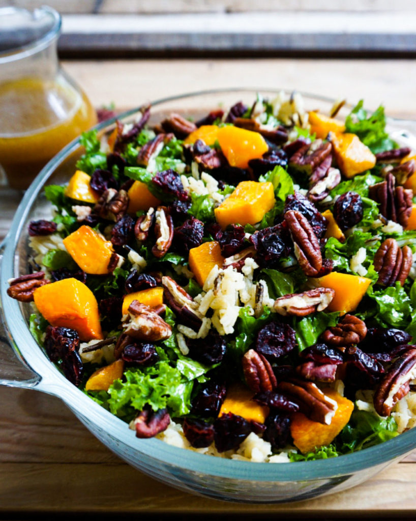 wild rice roasted sweet potato kale salad close up