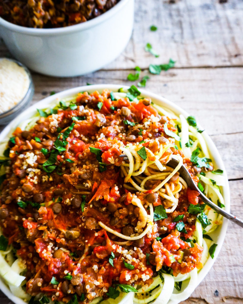 a plate of lentil quinoa bolognese