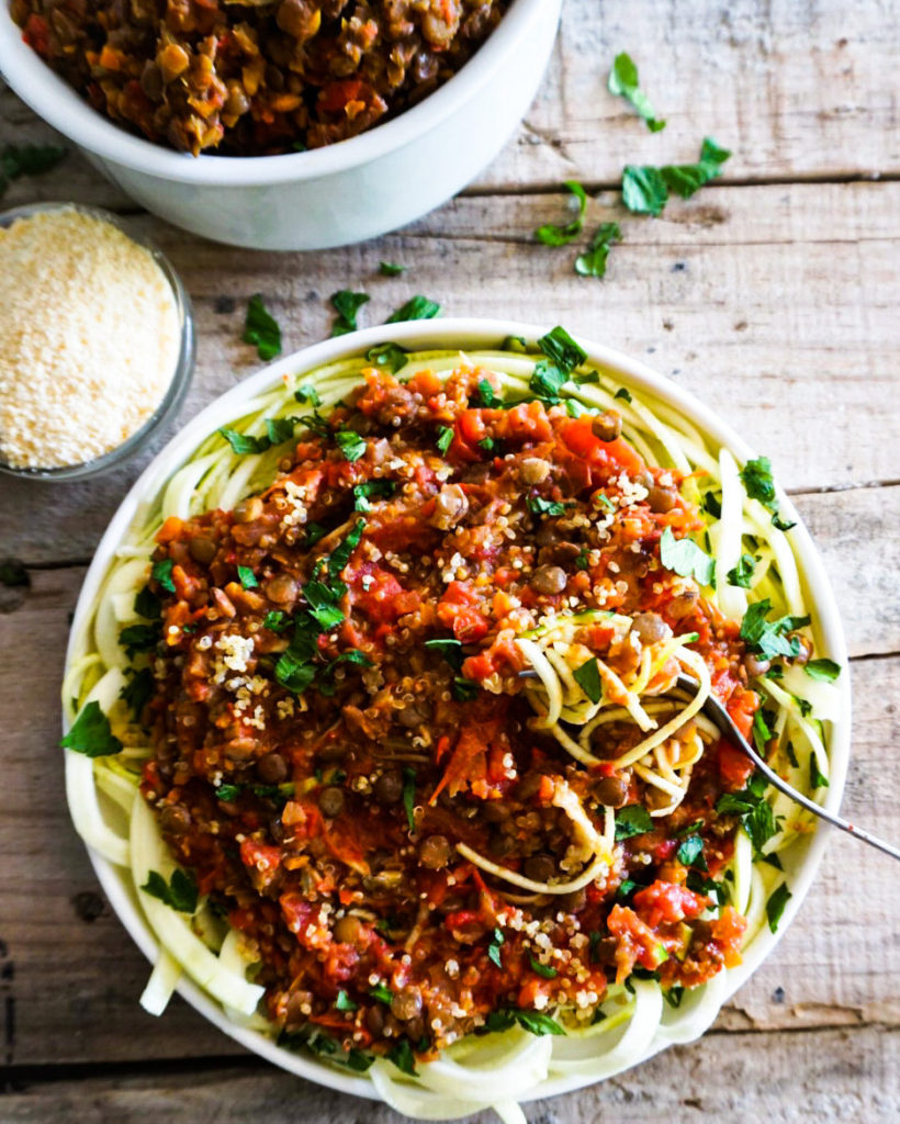 lentil bolognese on a bed of zucchini noodles