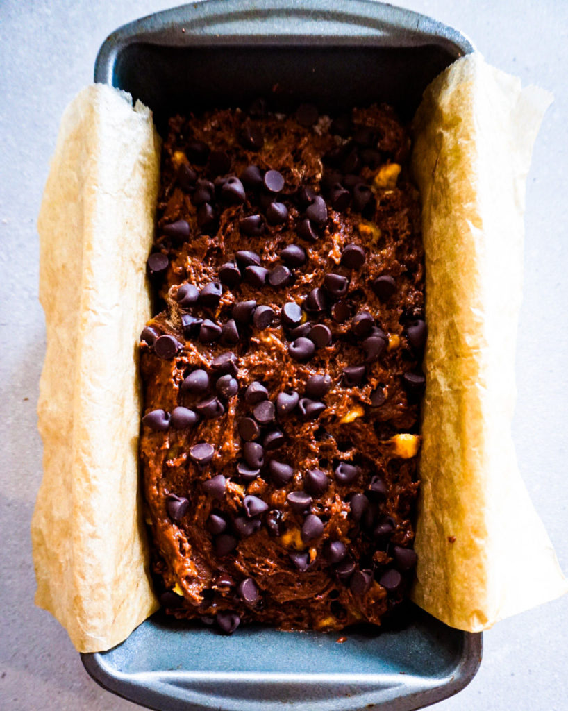 chocolate banana bread ready to go into the oven