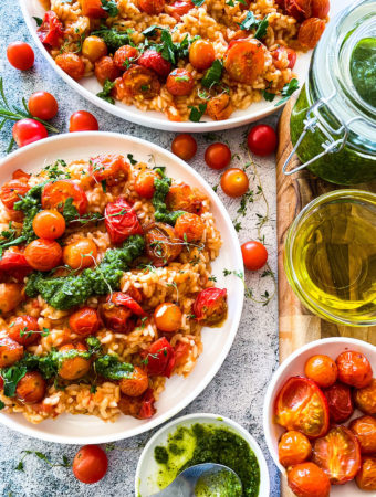 vegan roasted cherry tomato risotto with peppermint pesto
