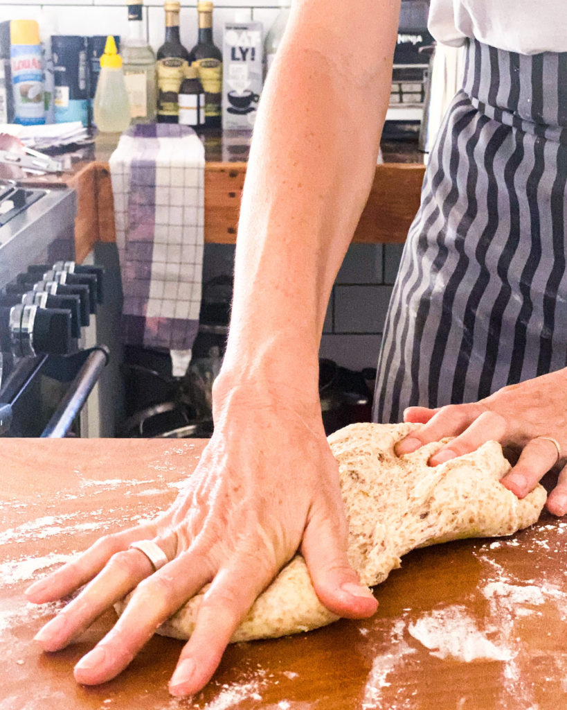 stretching out dough