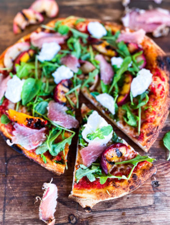 Grilled peach prosciutto pizza