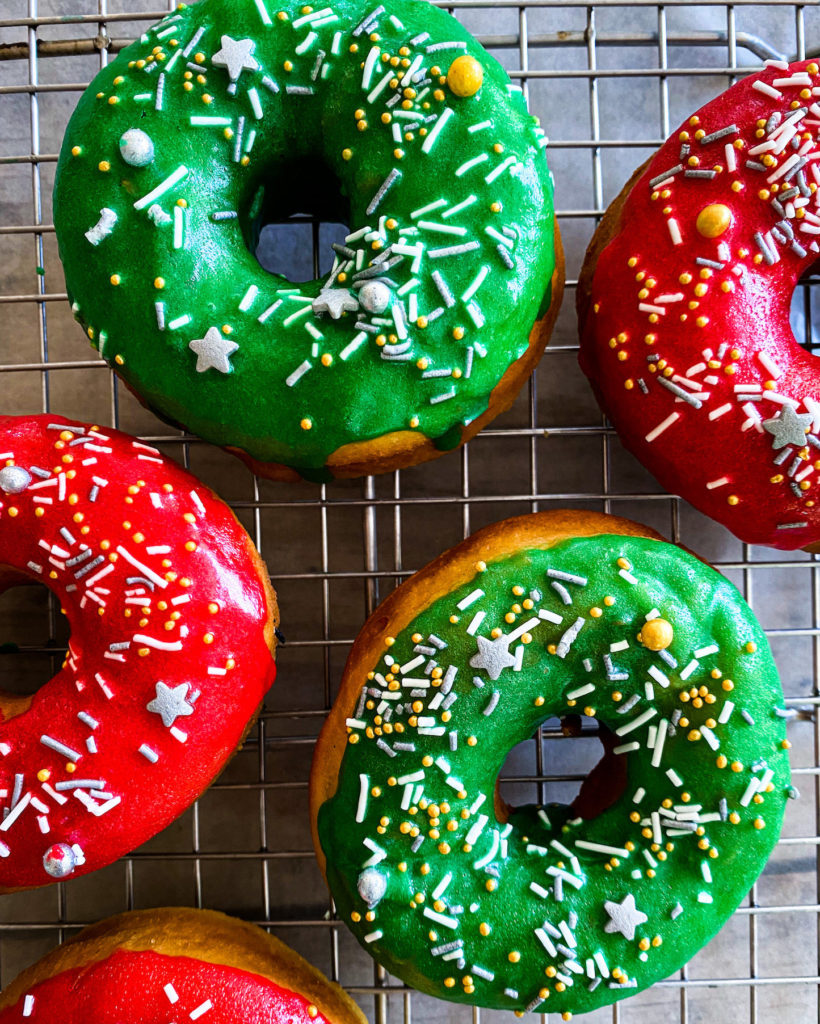 Red and green Christmas donuts