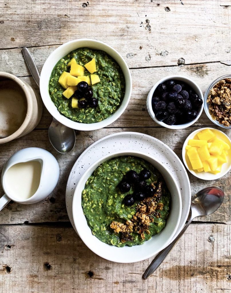 green goddess overnight oats served with garnishings on the side