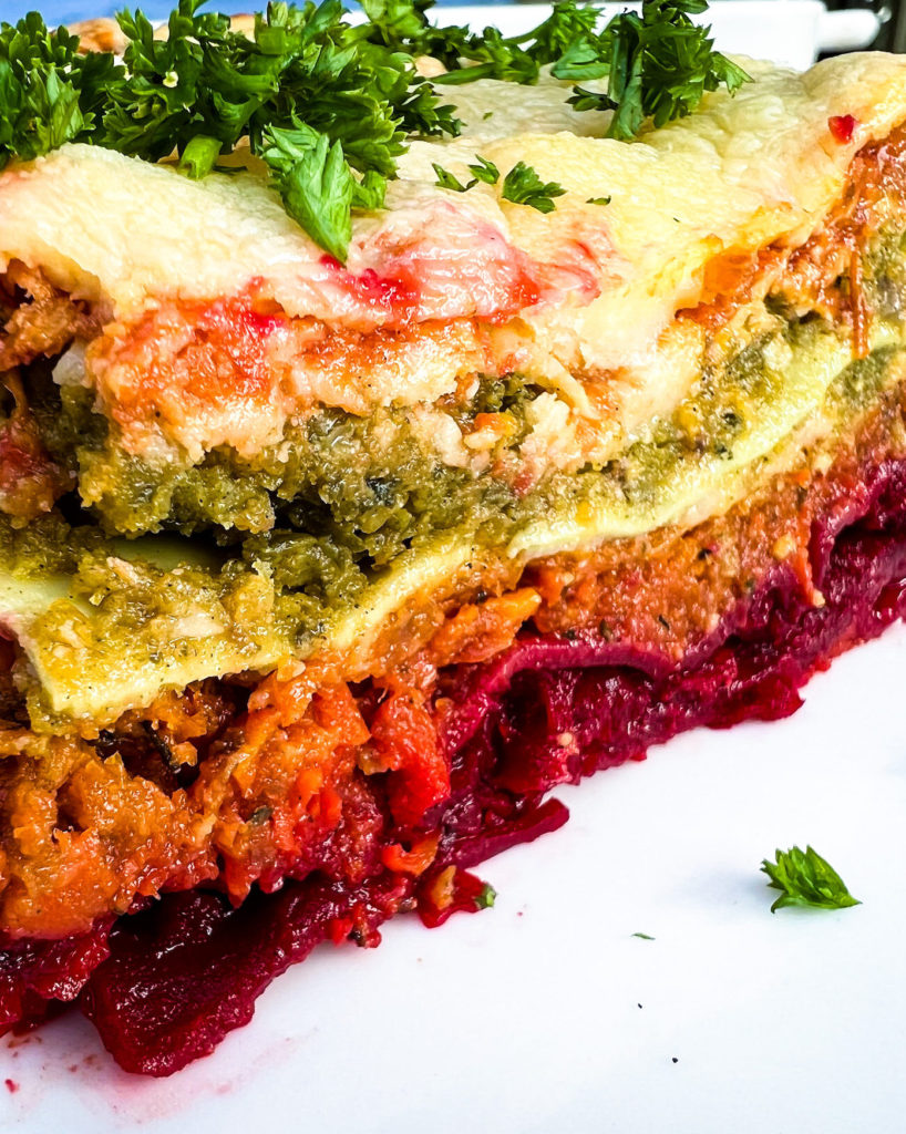a close up of piece of rainbow lasagna