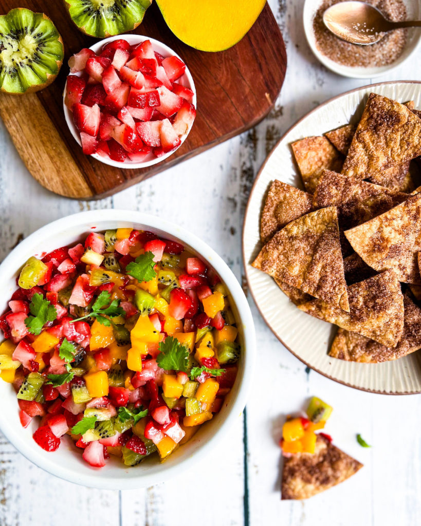 fruit salsa with cinnamon sugar tortilla chips