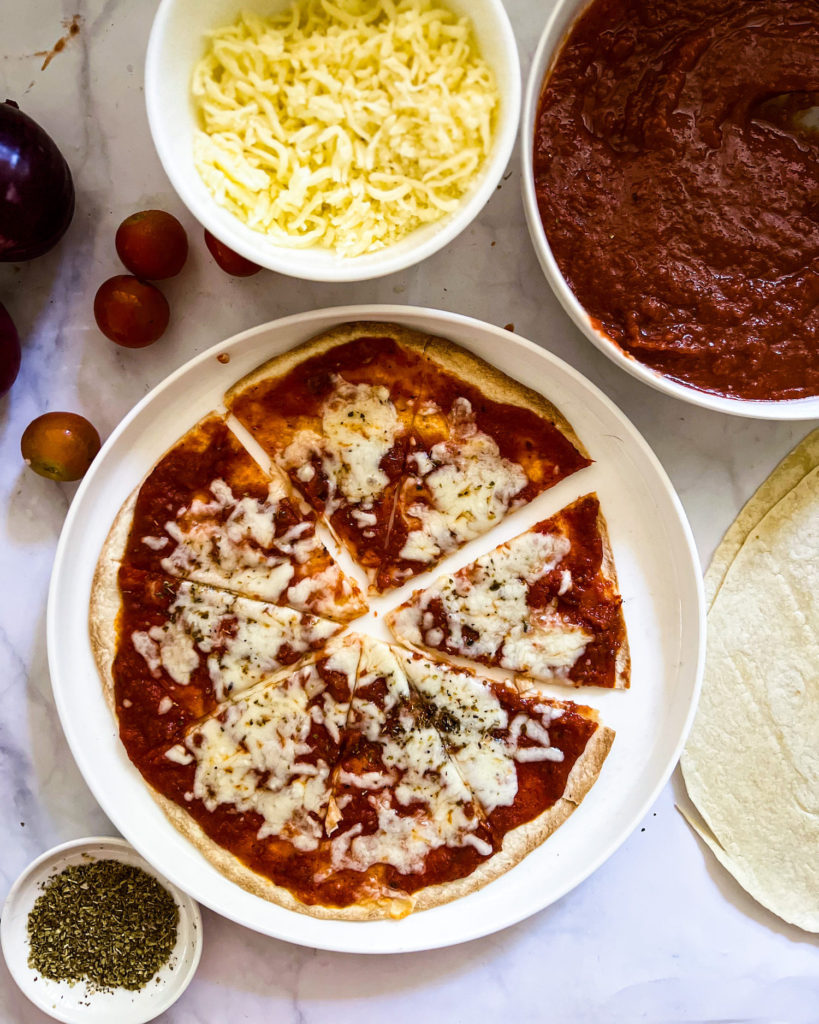 tortilla pizza cut into slices