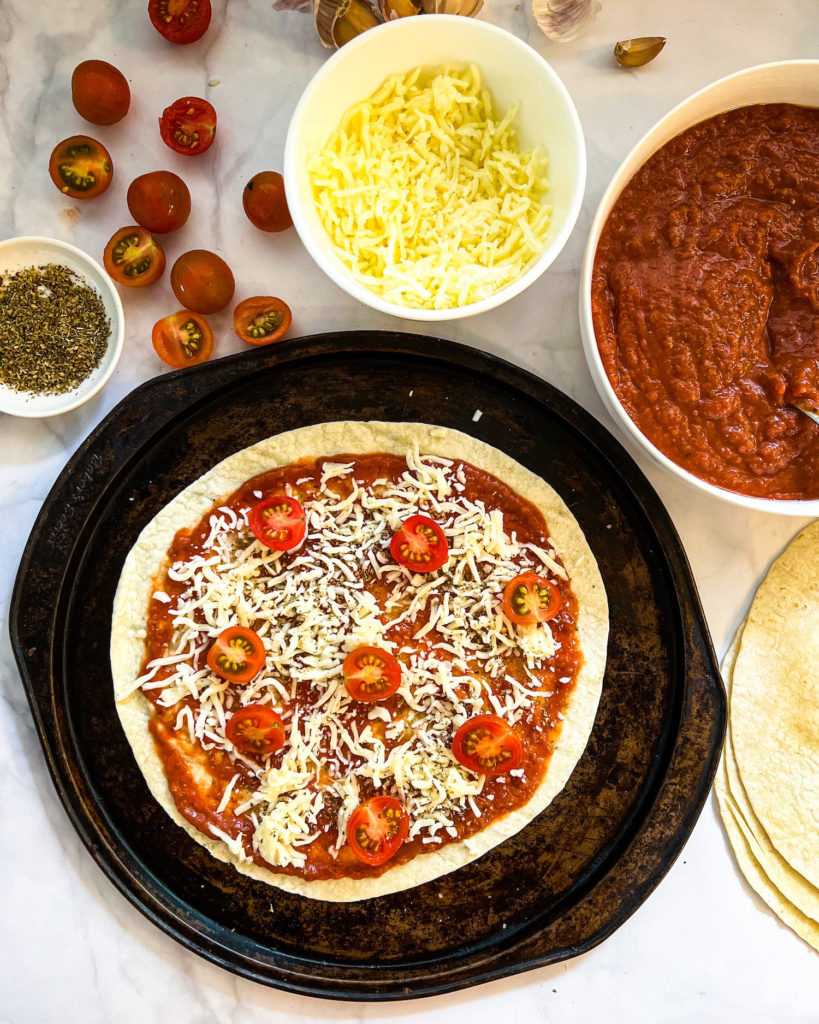 tortilla pizza with cherry tomatoes