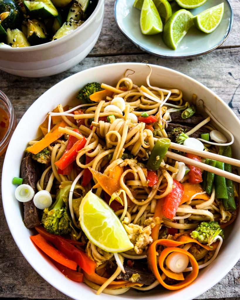 Pad Thai rice noodle bowl close up