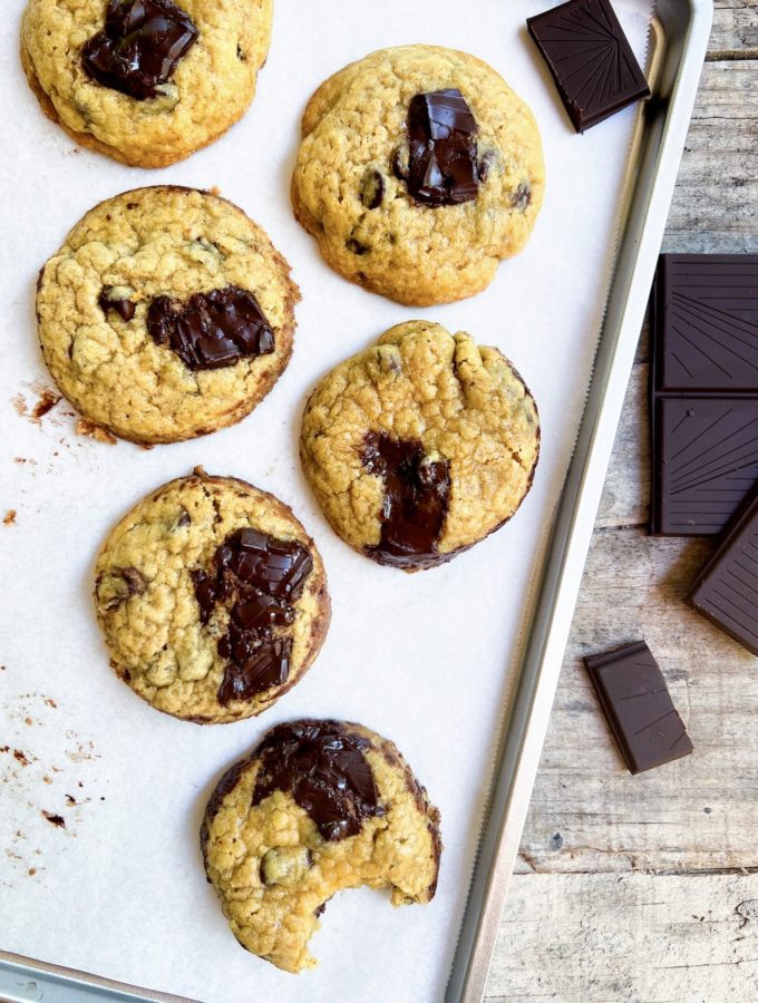 A tray of cakey chocolate chip cookies